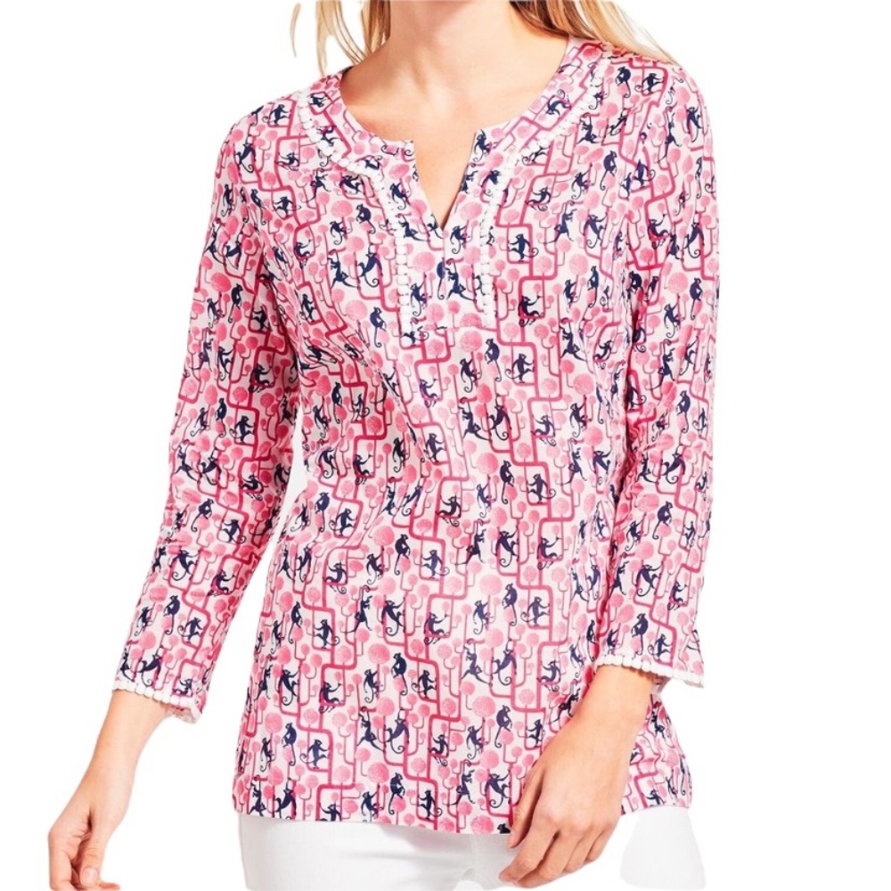 Talbots Monkey Print Pink and Navy Blue Tunic Top - M